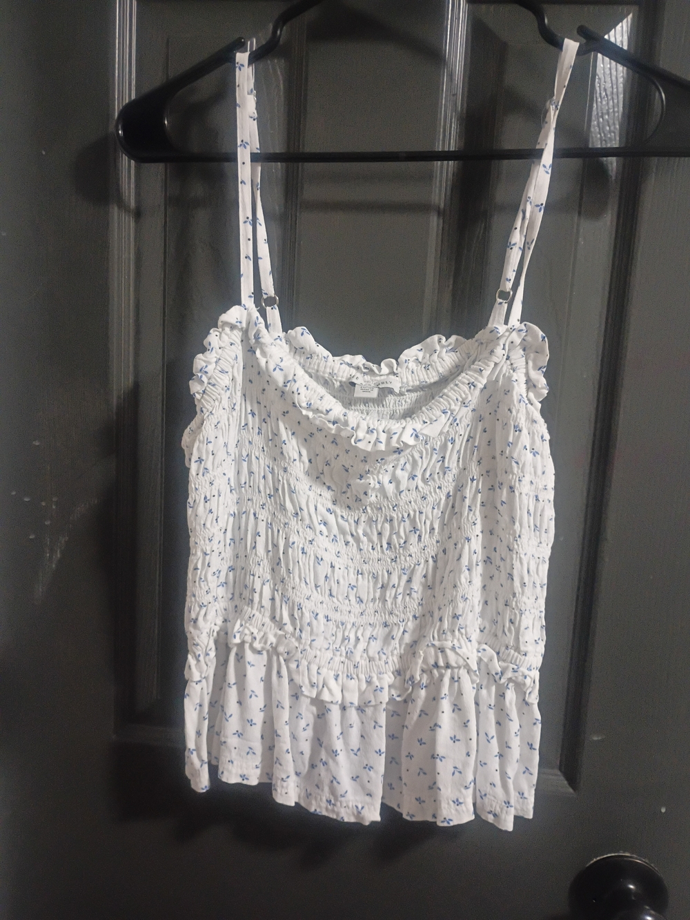 Smocked White Floral Cami Top with Ruffle Hem